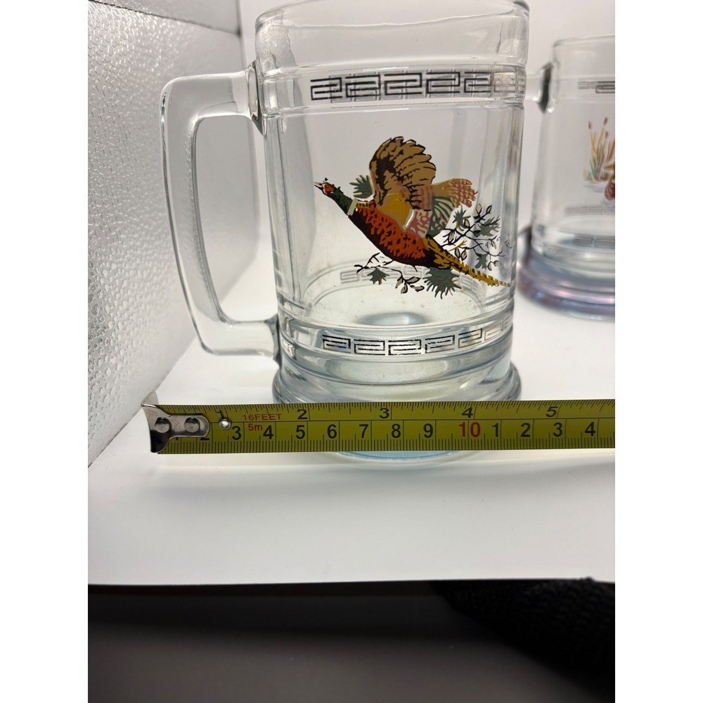 Vintage Wildlife Glass Beer Mugs Set of 2 Pheasant‎ & Mallard Duck Greek Key - Picture 8 of 11